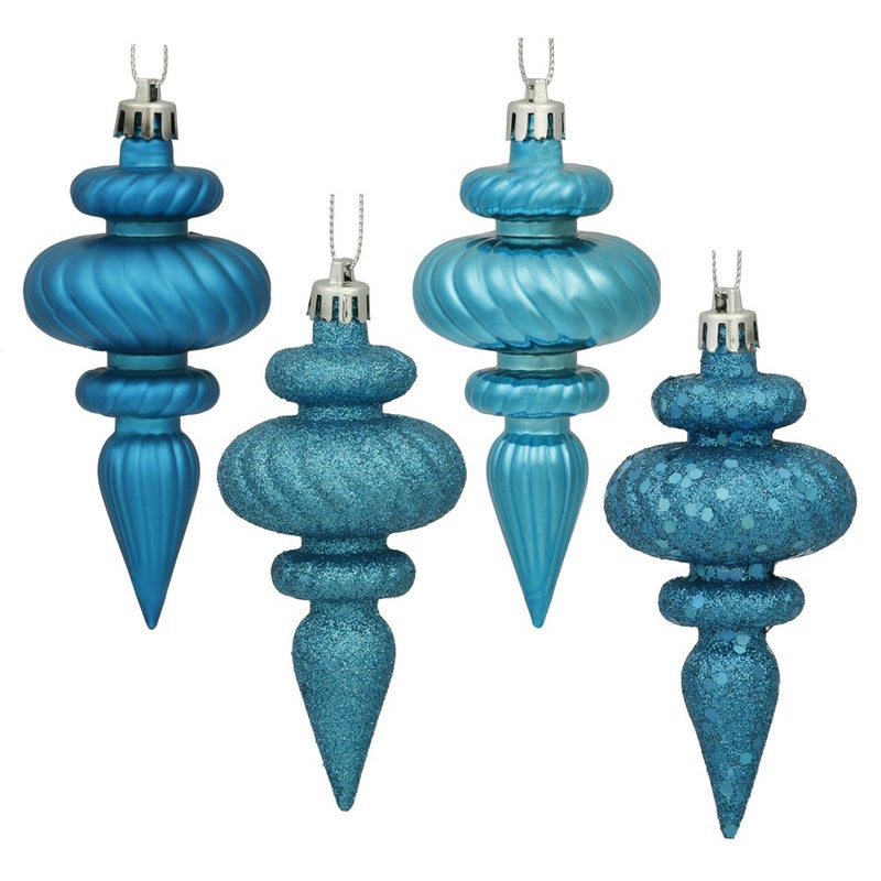 Vickerman 4"" 4-Finish Finial Ornament  Shatterproof Plastic Christmas Tree Decoration  8 Pack  Turquoise Shiny  Matte  Glitter and Sequin Finishes - Image 1