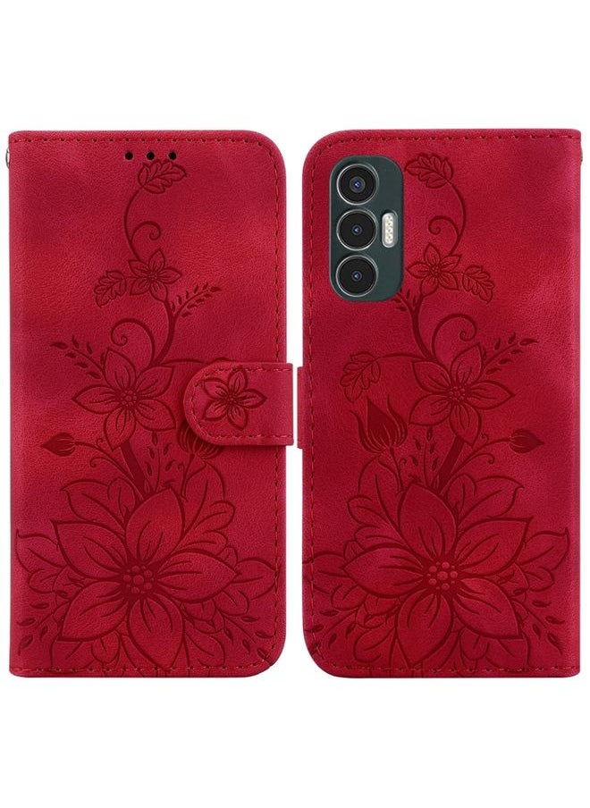 HuHa Case Cover For For Tecno Pova 3 / LE7 Lily Embossed Leather Phone Case(Red) 