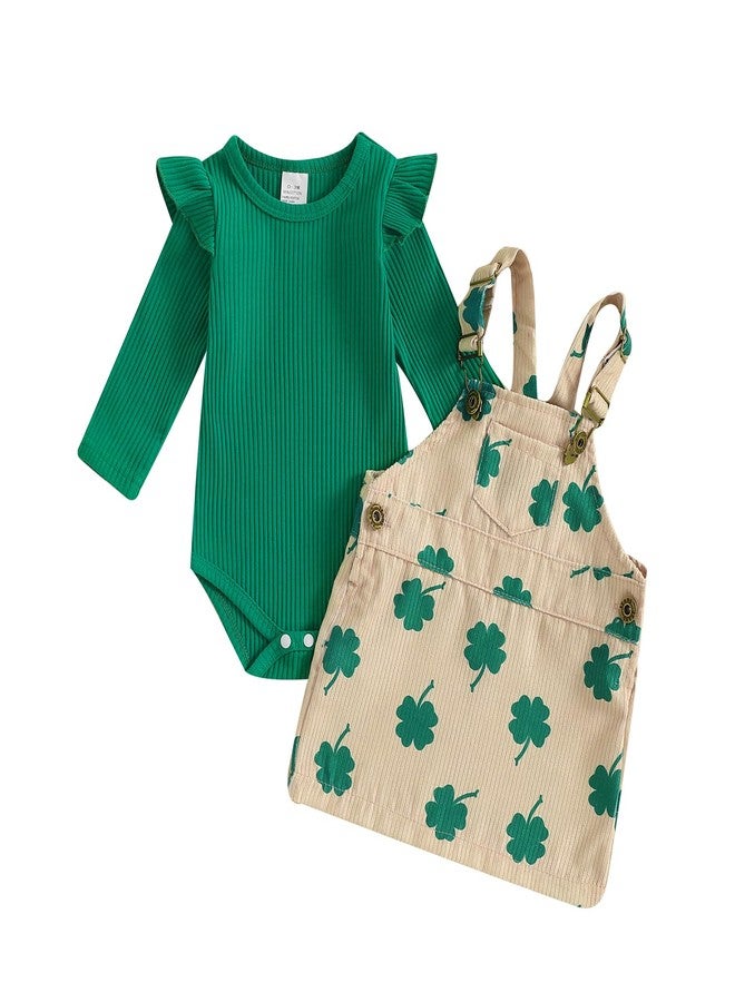 Karuedoo Newborn Baby Girl St Patricks Day Outfit Long Sleeve Romper Clover Corduroy Overall Dress Suspender Skirt Outfit Set (A-Green, 6-12 Months) - Image 1