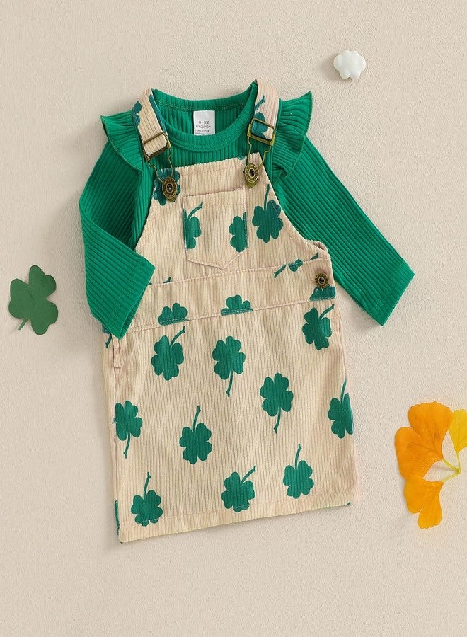 Karuedoo Newborn Baby Girl St Patricks Day Outfit Long Sleeve Romper Clover Corduroy Overall Dress Suspender Skirt Outfit Set (A-Green, 6-12 Months) - Image 3
