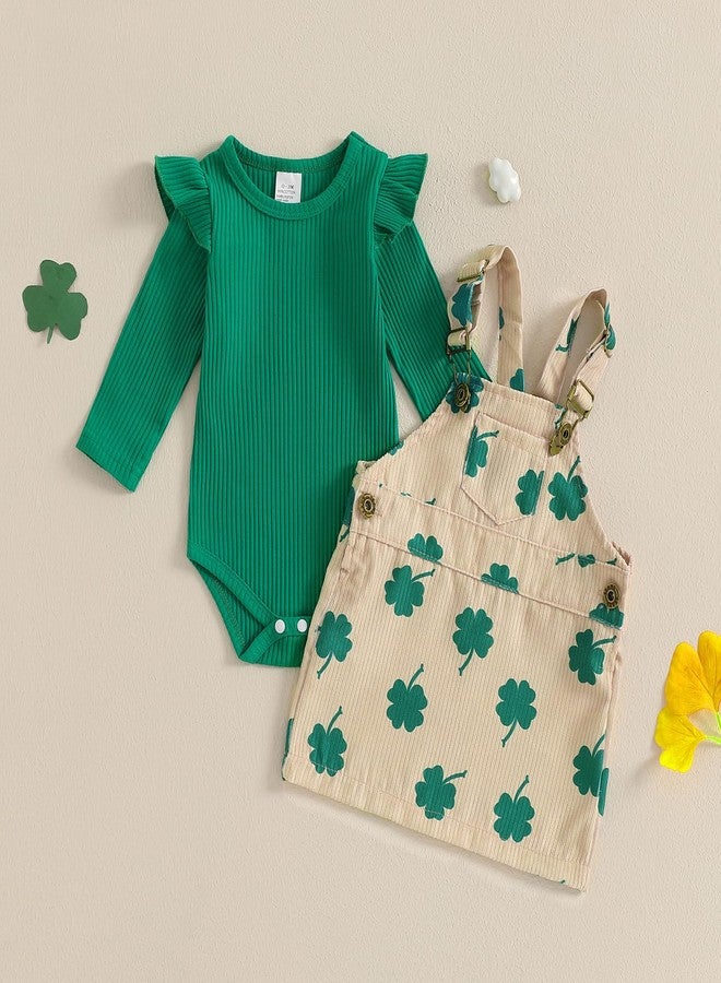 Karuedoo Newborn Baby Girl St Patricks Day Outfit Long Sleeve Romper Clover Corduroy Overall Dress Suspender Skirt Outfit Set (A-Green, 6-12 Months) - Image 2
