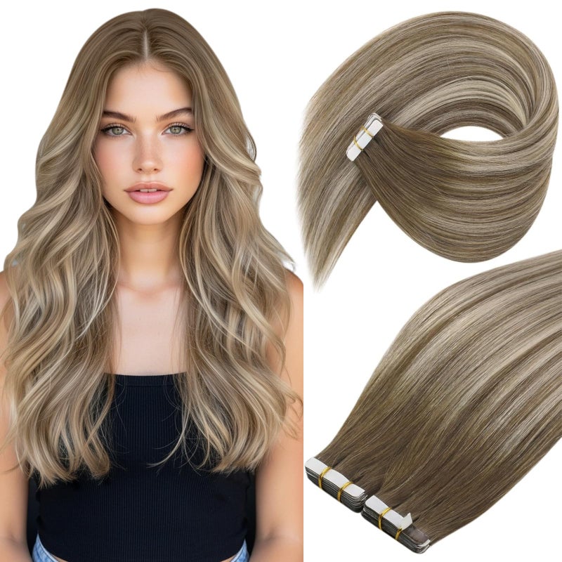 Ve Sunny Tape in Hair Extensions Real Human Hair Invisible Remy Human Hair Straight Tape Ins Double Sided Medium Brown Root to Platinum Blonde Balayage 24 inch 20Pcs 50G