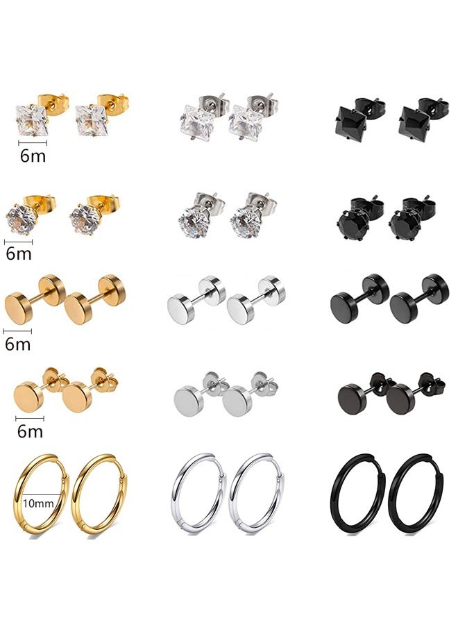 HAWAWA 15 Pairs 316L Surgical Stainless Steel Stud Earrings Set for Women Mens Small Hoop Earrings Hypoallergenic Tunnel Punk Style Round Ear Piercing Jewelry - Image 1