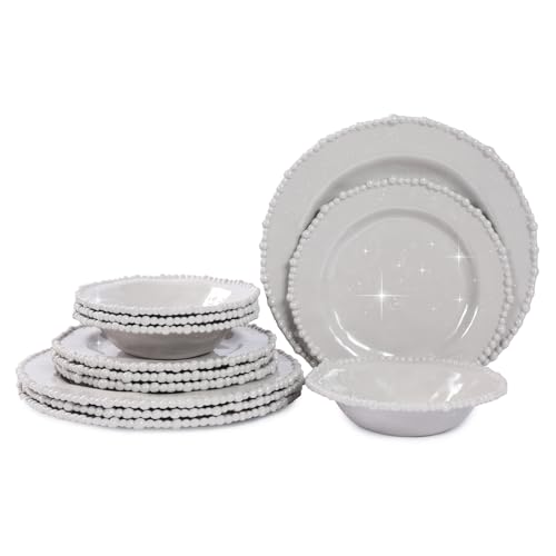 Lechoo Grey Pearl 12-Piece Melamine Dinnerware Set - Unbreakable Plastic Plates & Bowls, Service for 4, Dishwasher Safe, Lightweight Shatterproof Tableware for Indoor/Outdoor Use - Image 1