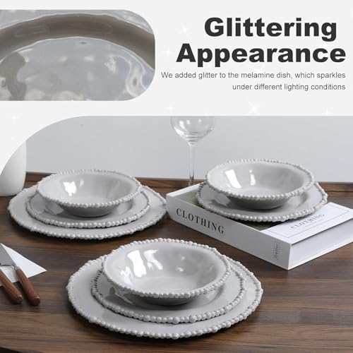 Lechoo Grey Pearl 12-Piece Melamine Dinnerware Set - Unbreakable Plastic Plates & Bowls, Service for 4, Dishwasher Safe, Lightweight Shatterproof Tableware for Indoor/Outdoor Use - Image 4