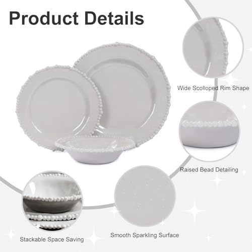 Lechoo Grey Pearl 12-Piece Melamine Dinnerware Set - Unbreakable Plastic Plates & Bowls, Service for 4, Dishwasher Safe, Lightweight Shatterproof Tableware for Indoor/Outdoor Use - Image 2