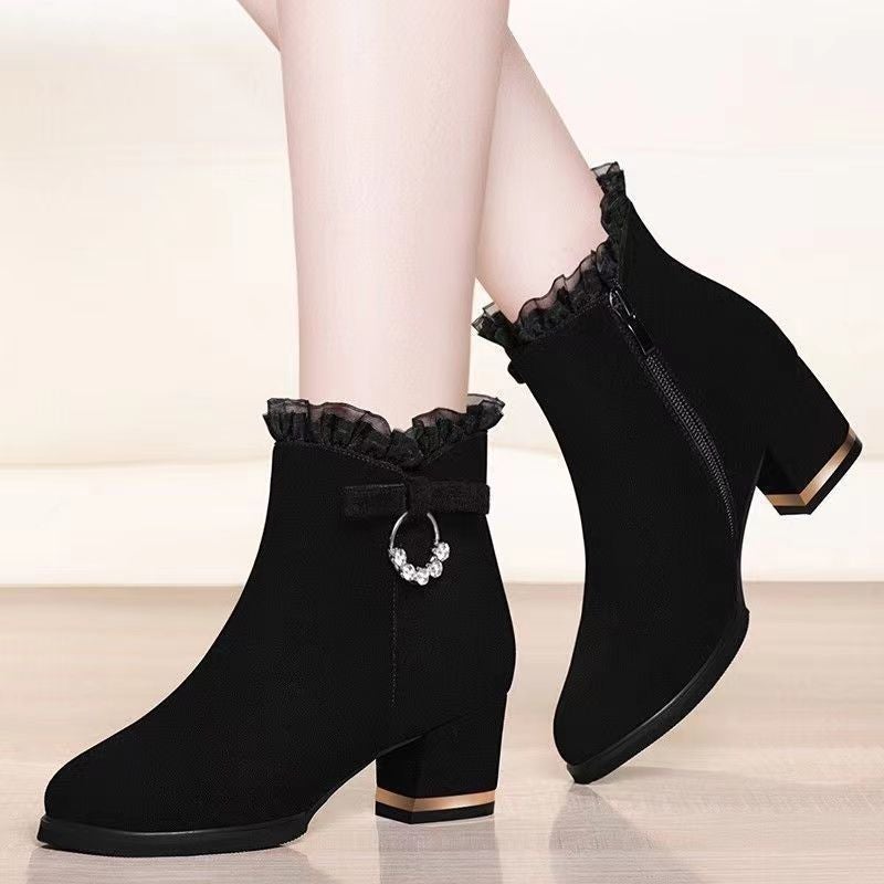 Thickened Fleece-Lined Boots 2023 Mid Heel Thick Heel Half Barrel Cotton Boots Non-Slip Soft Bottom Short Boots Snow Boots - Image 1