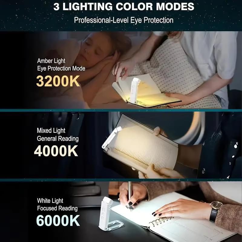 FLYNGO Glass Book Lamp for Night Reading, Rechargeable LED Study Light for Student, 3 Brightness & 3 Color Modes Clip-On (Clip-on Book Lamp), White - Image 3