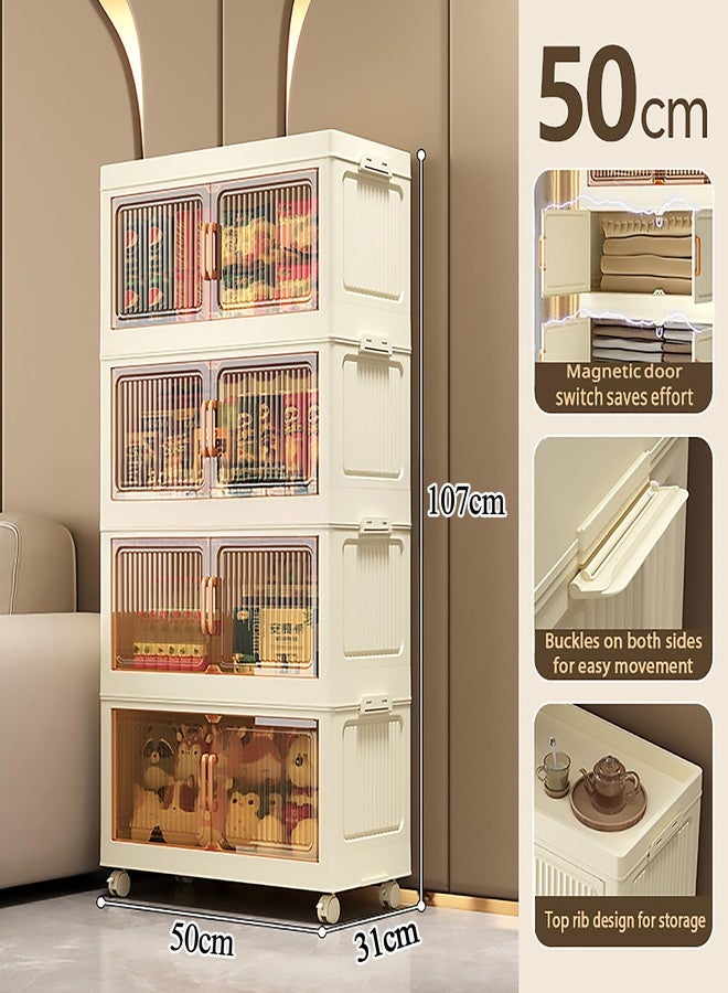REXERA 𝟒 𝐏𝐀𝐂𝐊 Plastic Rack for Storage Cabinet with Wheels | Multipurpose Storage Almirah Wardrobe for Clothes, Toys, Kitchen Cupboard & Bedroom | Plastic Organizer with Transparent Doors - WHITE - Image 2