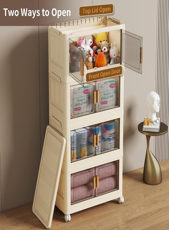 REXERA 𝟒 𝐏𝐀𝐂𝐊 Plastic Rack for Storage Cabinet with Wheels | Multipurpose Storage Almirah Wardrobe for Clothes, Toys, Kitchen Cupboard & Bedroom | Plastic Organizer with Transparent Doors - WHITE - Image 4