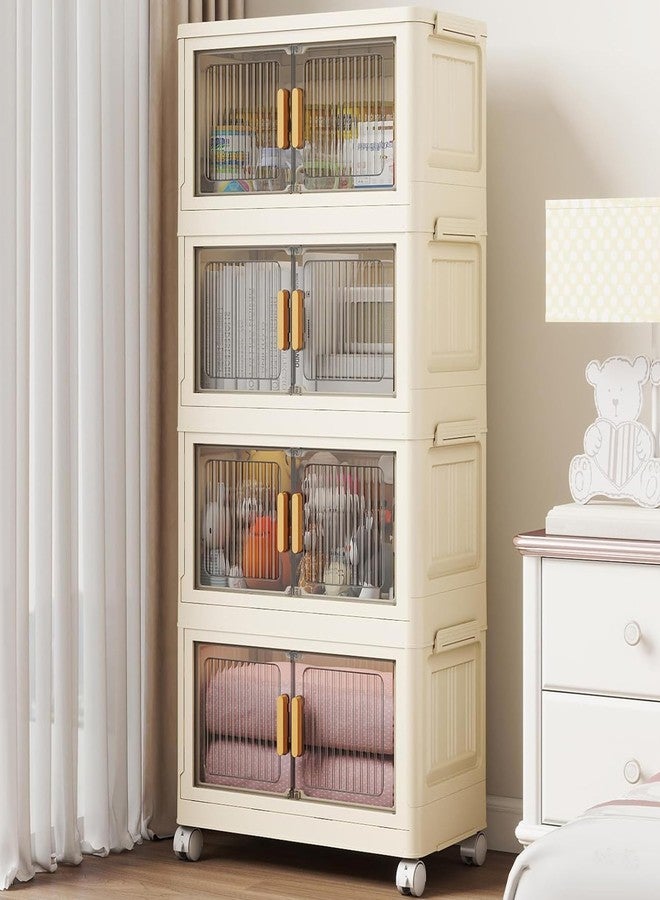 REXERA 𝟒 𝐏𝐀𝐂𝐊 Plastic Rack for Storage Cabinet with Wheels | Multipurpose Storage Almirah Wardrobe for Clothes, Toys, Kitchen Cupboard & Bedroom | Plastic Organizer with Transparent Doors - WHITE - Image 1