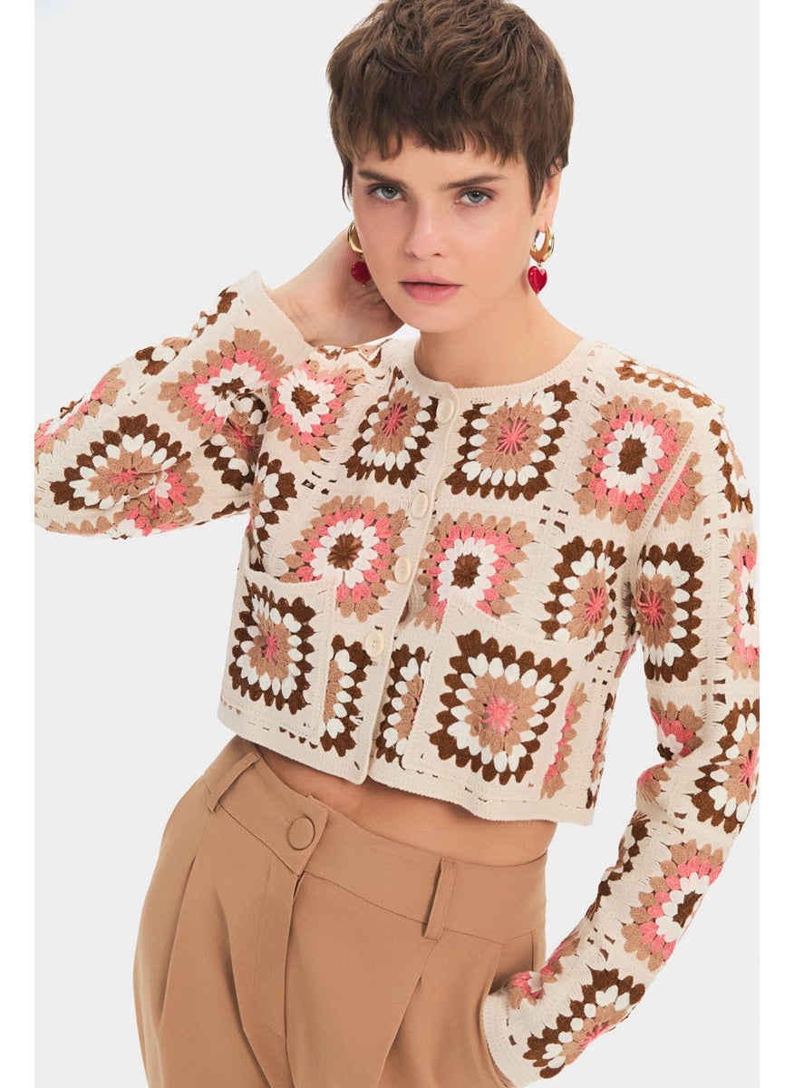 JUNE Women's Geometric Patterned Crop Knitwear Cardigan  - Image 1