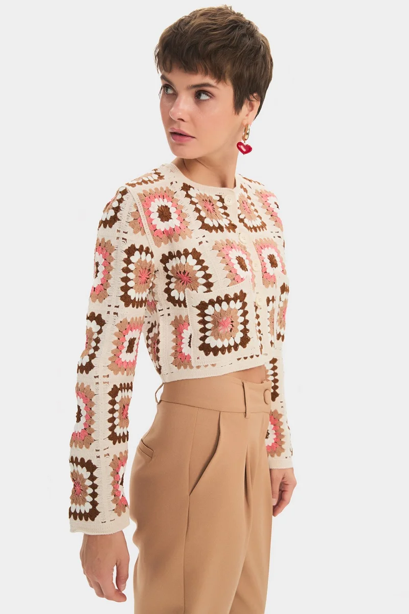 جون Women's Geometric Patterned Crop Knitwear Cardigan