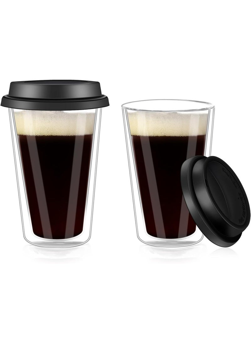 Clear Double Walled Glass Coffee mugs with Lids, Glass Iced Coffee Cups with lids, travel coffee mug, Reusable coffee glasses cups for Morning Coffee, Hot or Cold Drink，12 OZ 2 Packs - Image 1