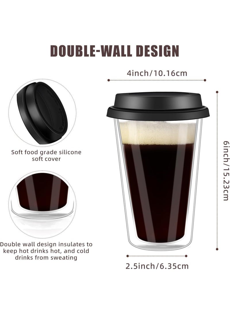 Clear Double Walled Glass Coffee mugs with Lids, Glass Iced Coffee Cups with lids, travel coffee mug, Reusable coffee glasses cups for Morning Coffee, Hot or Cold Drink，12 OZ 2 Packs - Image 3