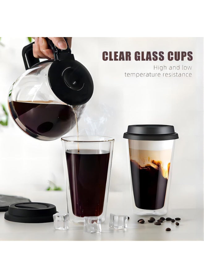 Clear Double Walled Glass Coffee mugs with Lids, Glass Iced Coffee Cups with lids, travel coffee mug, Reusable coffee glasses cups for Morning Coffee, Hot or Cold Drink，12 OZ 2 Packs - Image 4