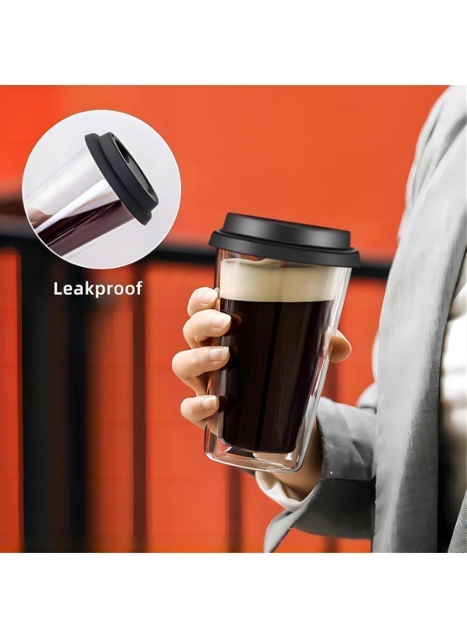 Clear Double Walled Glass Coffee mugs with Lids, Glass Iced Coffee Cups with lids, travel coffee mug, Reusable coffee glasses cups for Morning Coffee, Hot or Cold Drink，12 OZ 2 Packs - Image 5
