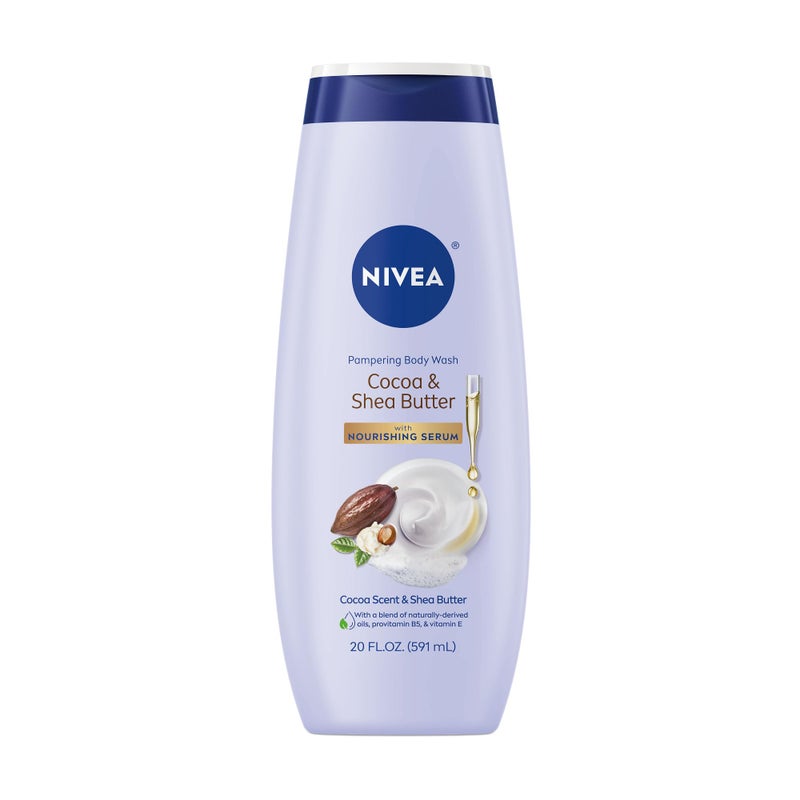 NIVEA Pampering Cocoa and Shea Butter Body Wash with Nourishing Serum, Moisturizing Body Wash for Women, Enriched with Provitamin B5 and Vitamin E, 20 Fl Oz Bottle - Image 1