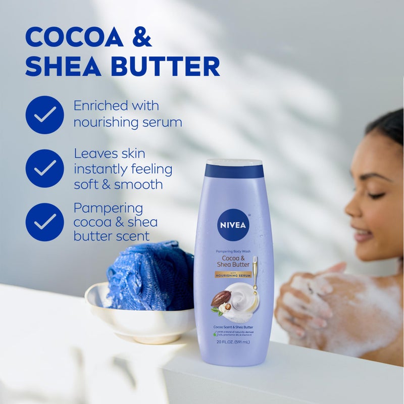 NIVEA Pampering Cocoa and Shea Butter Body Wash with Nourishing Serum, Moisturizing Body Wash for Women, Enriched with Provitamin B5 and Vitamin E, 20 Fl Oz Bottle - Image 3