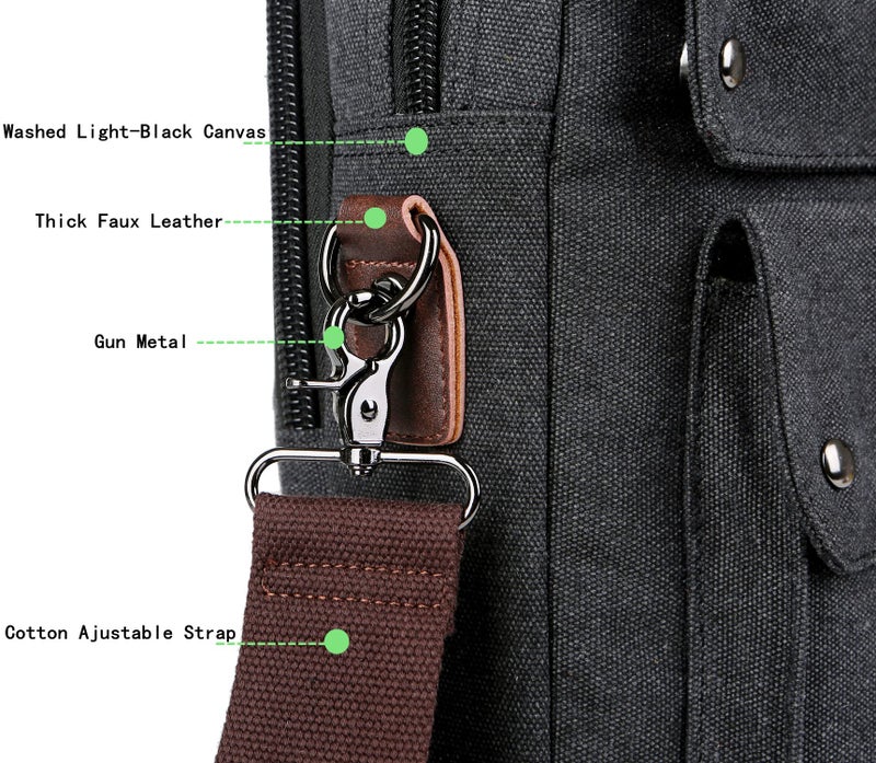 BAOSHA Stylish 17 inch Canvas Laptop Bag Messenger Bag Briefcase Vintage Crossbody Shoulder Bag Military Satchel for Men BC-07 (Light Black) - Image 5