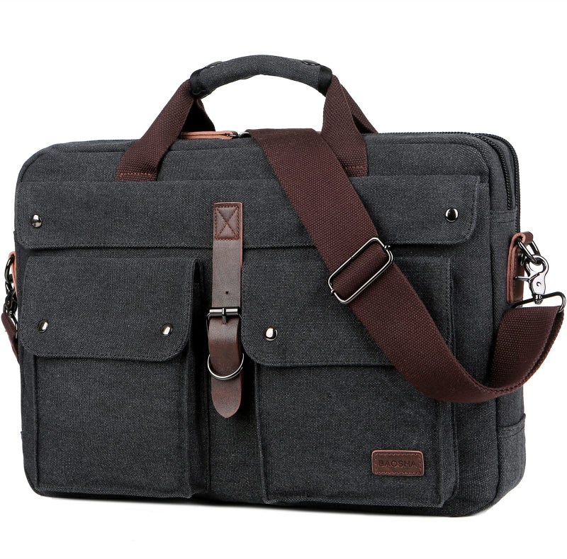 BAOSHA Stylish 17 inch Canvas Laptop Bag Messenger Bag Briefcase Vintage Crossbody Shoulder Bag Military Satchel for Men BC-07 (Light Black) - Image 1