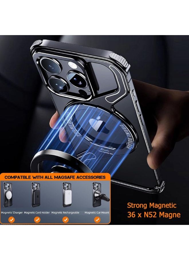 Z Shape Metal Stand Case for iPhone 15 Pro Max, Frameless Design with 120° Flip Kickstand, Compatible with MagSafe, Shockproof Protection,Black,15 Pro Max