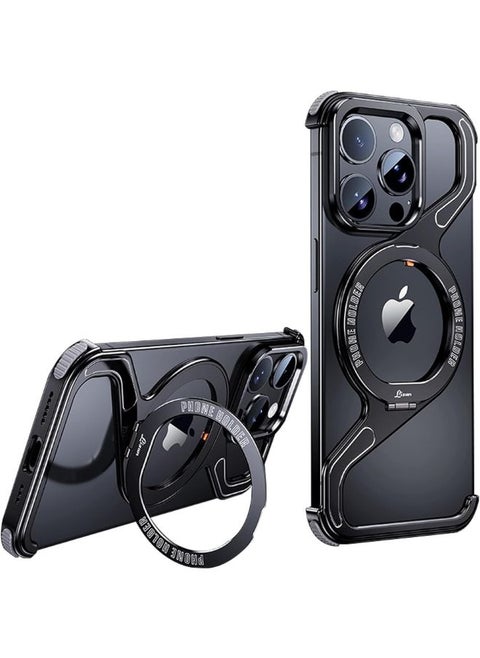 Z Shape Metal Stand Case for iPhone 15 Pro Max, Frameless Design with 120° Flip Kickstand, Compatible with MagSafe, Shockproof Protection,Black,15 Pro Max