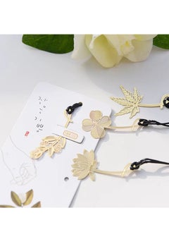 Generic 4-pack metal bookmarks with chain, lotus maple leaf, four-leaf clover, olive leaf pattern hollow leaf bookmark, book-loving flower bookmark (gold, 4 styles)  - Image 1