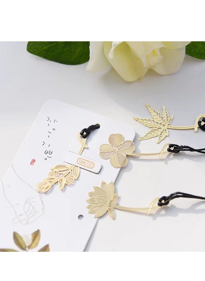Generic 4-pack metal bookmarks with chain, lotus maple leaf, four-leaf clover, olive leaf pattern hollow leaf bookmark, book-loving flower bookmark (gold, 4 styles)  - Image 1