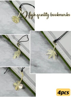 Generic 4-pack metal bookmarks with chain, lotus maple leaf, four-leaf clover, olive leaf pattern hollow leaf bookmark, book-loving flower bookmark (gold, 4 styles)  - Image 4