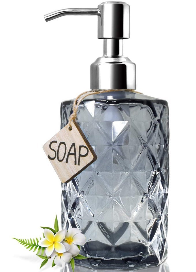 DIAMOND DESIGN GLASS SOAP DISPENSER WITH 304 RUST PROOF STAINLESS STEEL SOAP PUMP 12 OUNCE KITCHEN SOAP DISPENSER FOR BATHROOM HAND SOAP DISH SOAP GREY