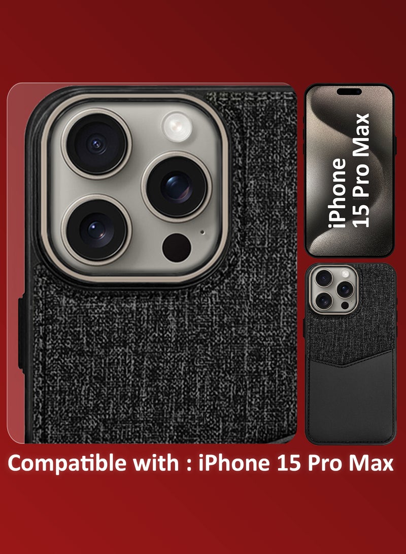 2Packs iPhone 15 Pro Max Card Case Leather Back Cover with Card Holder, Slim and Lightweight, 1-2 Cards with 3D Screen Protector - Black