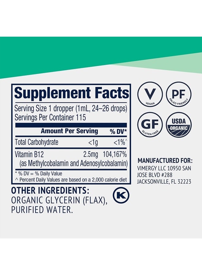 Vimergy فيتامين ب12 السائل العضوي من وزارة الزراعة الأمريكية، 115 حصة – خالي من الكحول - يدعم طاقة الدماغ، الجهاز العصبي، الإدراك، الذاكرة – خالي من الغلوتين، غير معدّل وراثيًا، نباتي، باليو، بنكهة حلوة طبيعية (115 مل) - Image 4