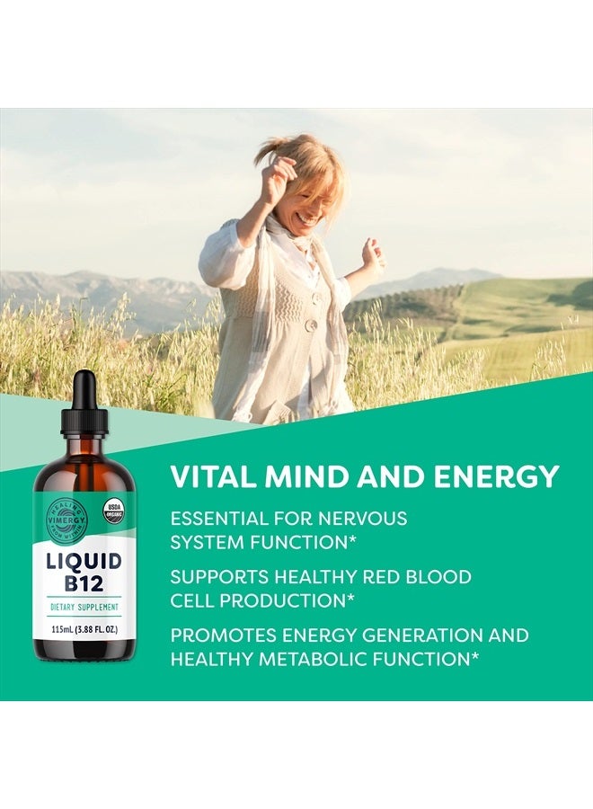 Vimergy فيتامين ب12 السائل العضوي من وزارة الزراعة الأمريكية، 115 حصة – خالي من الكحول - يدعم طاقة الدماغ، الجهاز العصبي، الإدراك، الذاكرة – خالي من الغلوتين، غير معدّل وراثيًا، نباتي، باليو، بنكهة حلوة طبيعية (115 مل) - Image 2