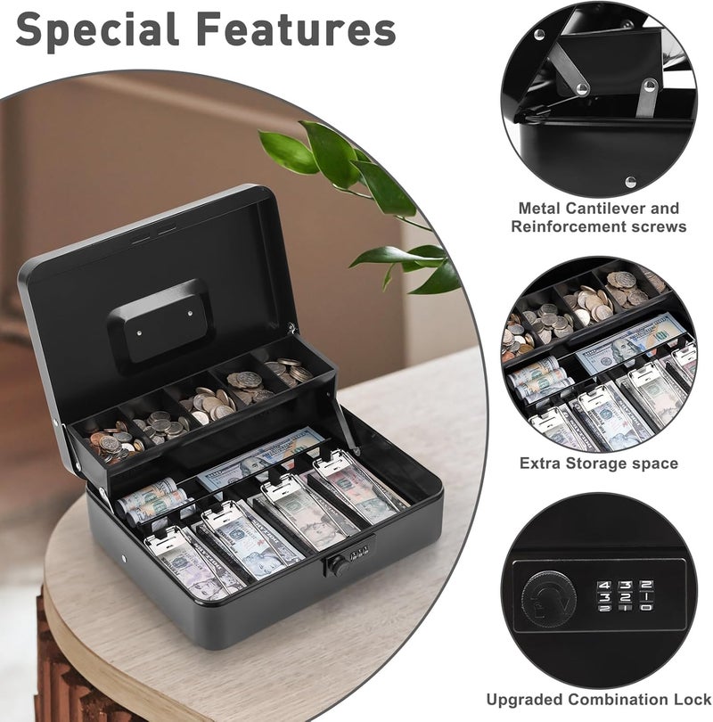 KYODOLED Large Cash Box with Combination Lock,Money Box with Cash Tray, Lock Safe Box with Key,Money Saving Organizer,11.81Lx 9.45Wx 3.54H Inches,Black XL Large - Image 5