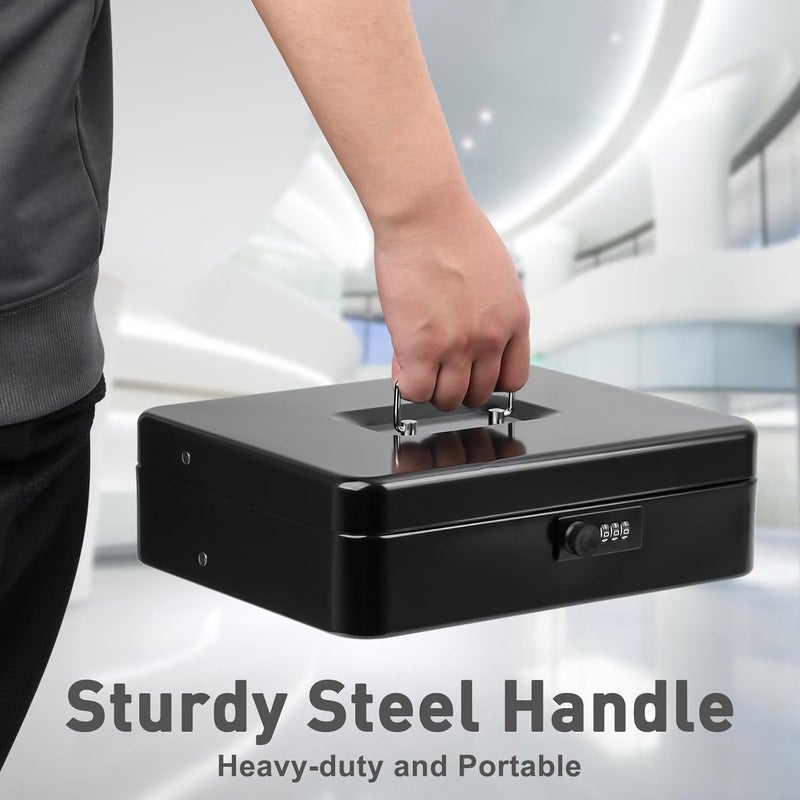 KYODOLED Large Cash Box with Combination Lock,Money Box with Cash Tray, Lock Safe Box with Key,Money Saving Organizer,11.81Lx 9.45Wx 3.54H Inches,Black XL Large - Image 4