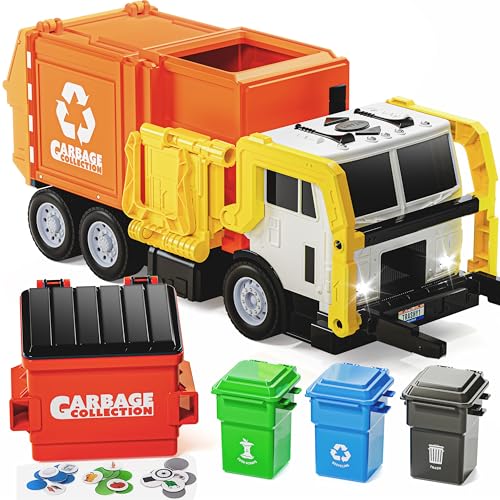 JOYIN Large Friction Powered Garbage Truck Toy Set Includes Dumpster Trash Bins and Learning Cards for Kids Orange - Image 1
