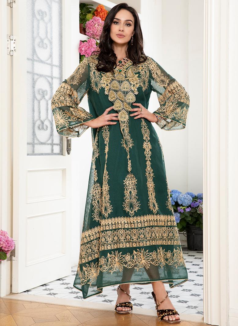 فرايديين نمط المشاهير انيق طوق على شكل V جاكار زهري اللماع تطريز زين الاكمام المتوهجة قفطان اخضر زمردي - Image 1