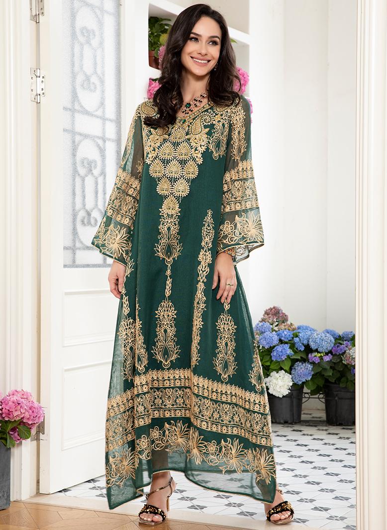 فرايديين نمط المشاهير انيق طوق على شكل V جاكار زهري اللماع تطريز زين الاكمام المتوهجة قفطان اخضر زمردي - Image 5