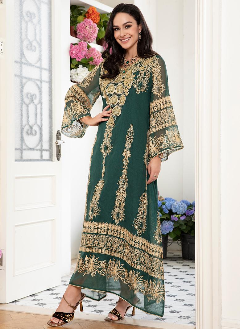 فرايديين نمط المشاهير انيق طوق على شكل V جاكار زهري اللماع تطريز زين الاكمام المتوهجة قفطان اخضر زمردي - Image 4