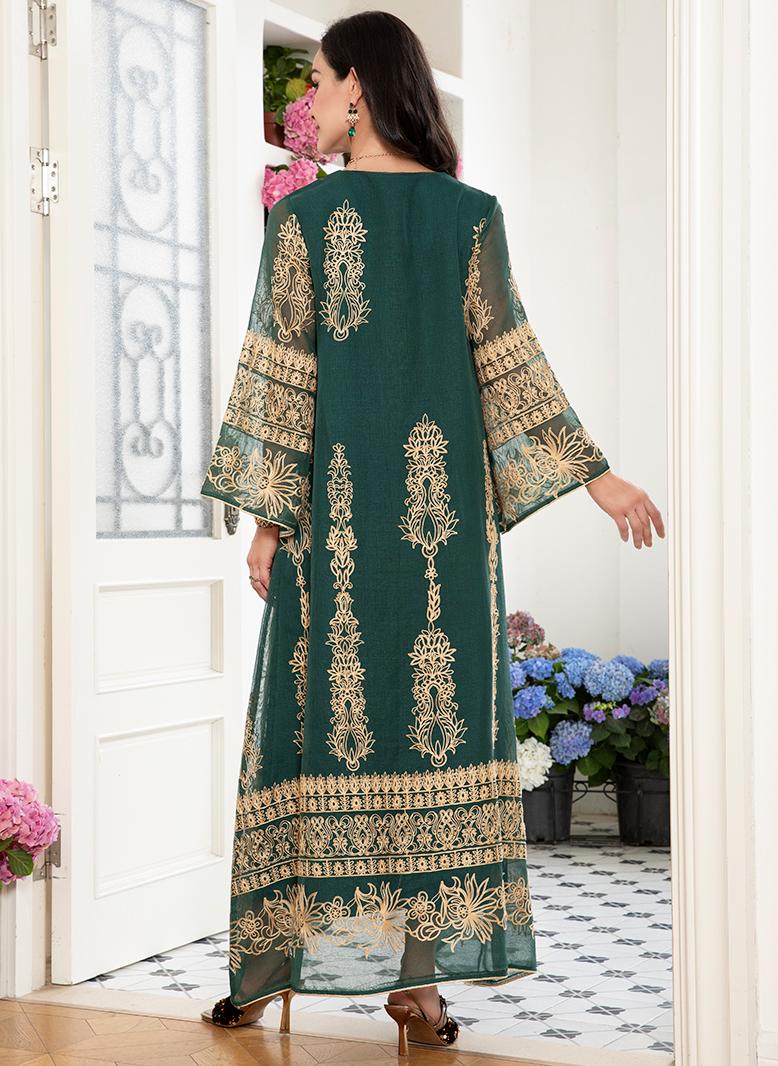 فرايديين نمط المشاهير انيق طوق على شكل V جاكار زهري اللماع تطريز زين الاكمام المتوهجة قفطان اخضر زمردي - Image 2