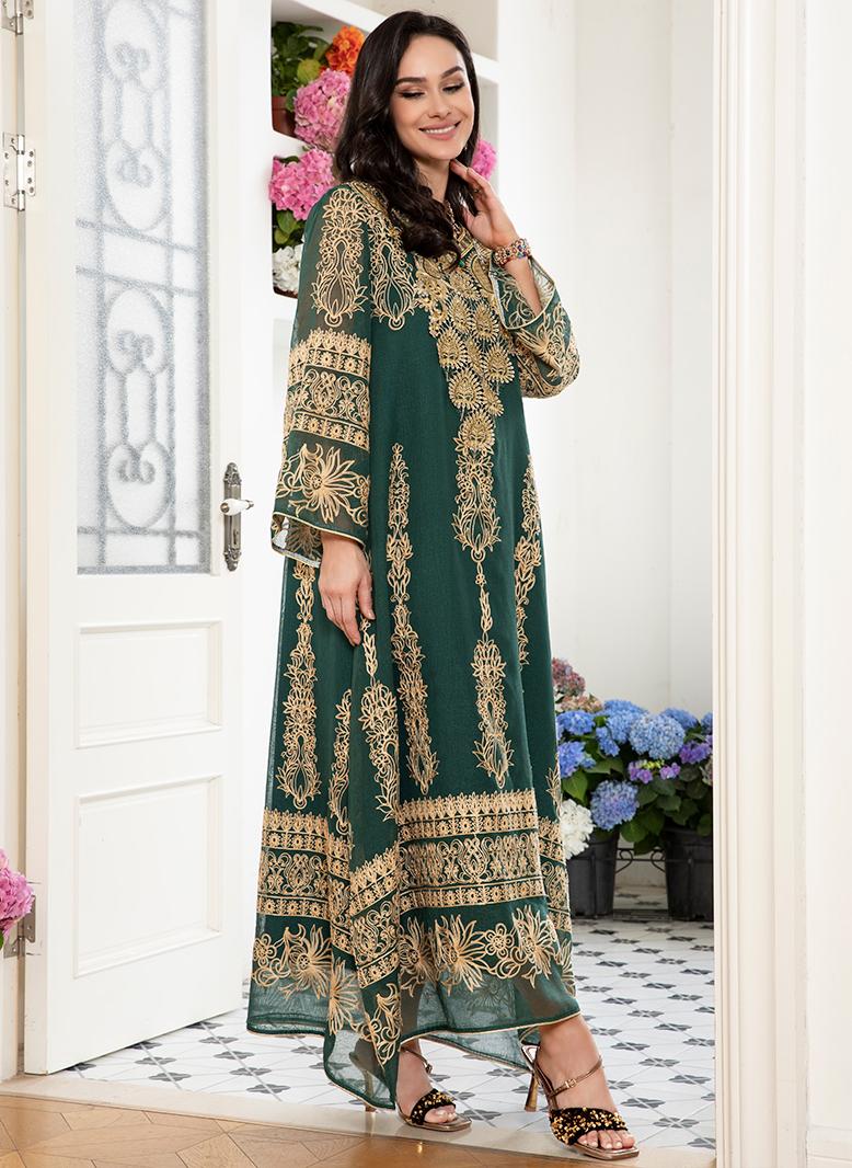 فرايديين نمط المشاهير انيق طوق على شكل V جاكار زهري اللماع تطريز زين الاكمام المتوهجة قفطان اخضر زمردي - Image 3