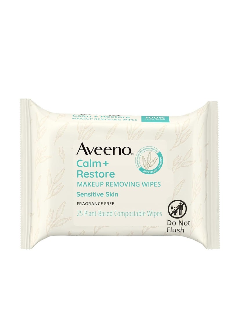 Aveeno Aveeno Calm + Restore Unscented Makeup Remover Face Wipes, Fragrance Free Facial Cleansing Towelettes with Oat Extract & Calming Feverfew Leave Skin Feeling Soothed,  Free, 25 ct - Image 1