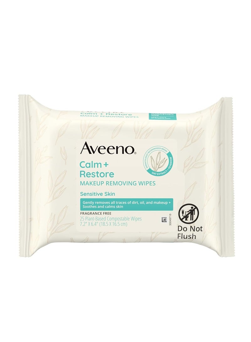Aveeno Aveeno Calm + Restore Unscented Makeup Remover Face Wipes, Fragrance Free Facial Cleansing Towelettes with Oat Extract & Calming Feverfew Leave Skin Feeling Soothed,  Free, 25 ct - Image 3