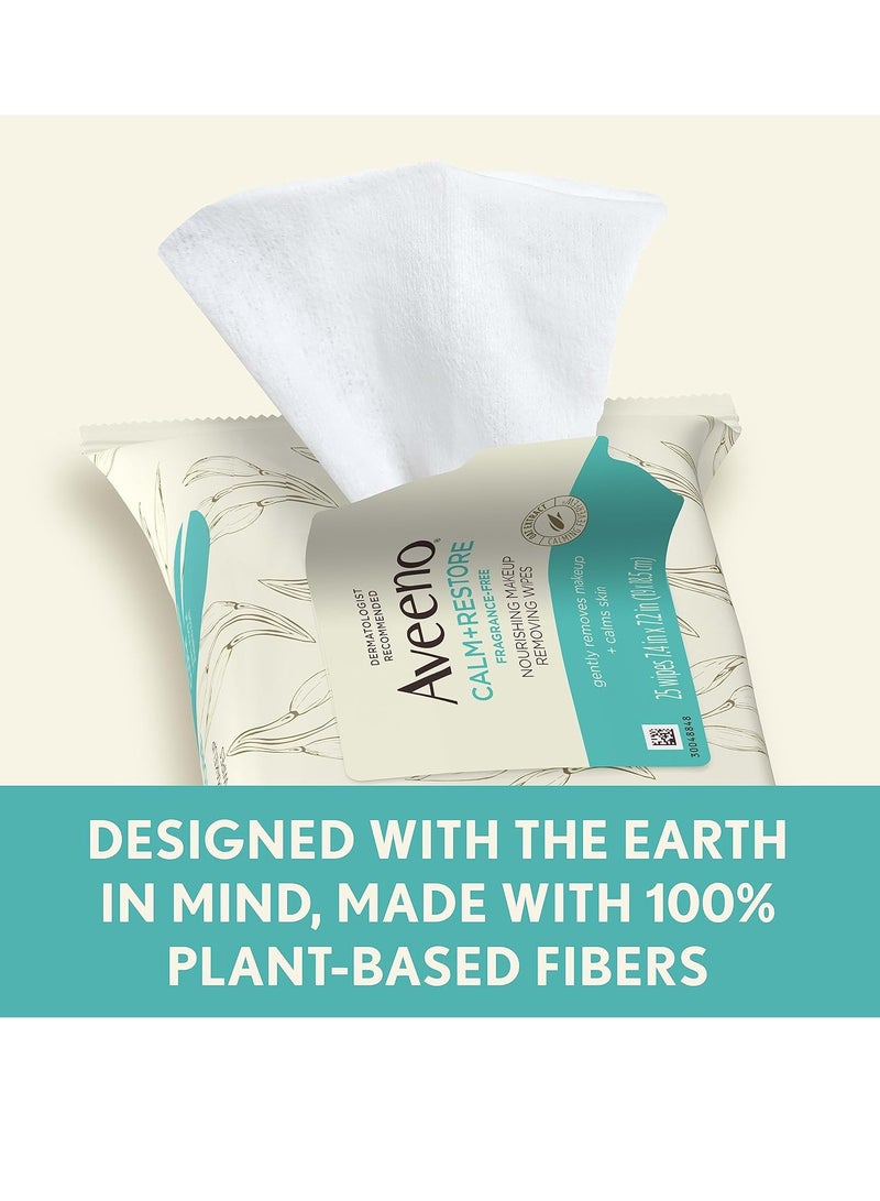 Aveeno Aveeno Calm + Restore Unscented Makeup Remover Face Wipes, Fragrance Free Facial Cleansing Towelettes with Oat Extract & Calming Feverfew Leave Skin Feeling Soothed,  Free, 25 ct - Image 2