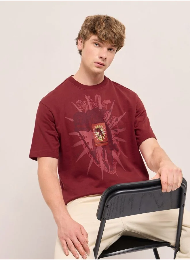 THE BEAR HOUSE Men's Red Oversize Abstract Heart Printed Crew Neck T-shirt Perfect For Casual Wear, Gym, Travel, Or Layering Stylish And Versatile Essential For Every Wardrobe