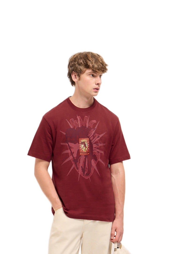 THE BEAR HOUSE Men's Red Oversize Abstract Heart Printed Crew Neck T-shirt Perfect For Casual Wear, Gym, Travel, Or Layering Stylish And Versatile Essential For Every Wardrobe  - Image 1