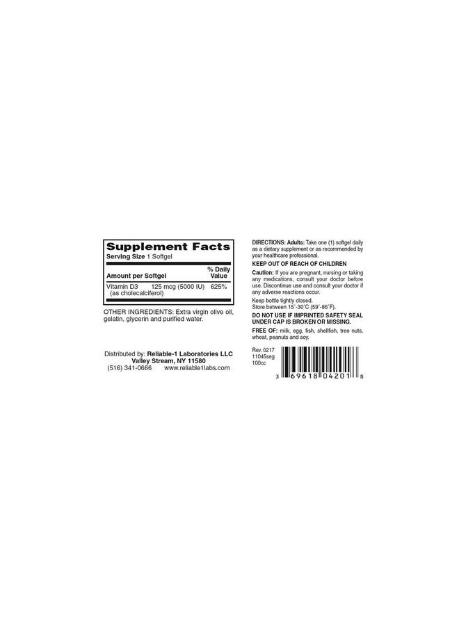 Reliable-1 Laboratories Vitamin D3 High Potency 5000 IU 100 Softgels per Bottle Pack of 2  - Image 2