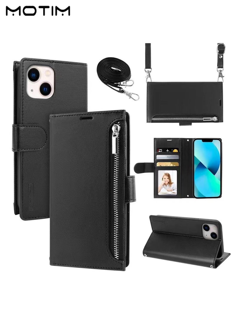 Motim Crossbody iPhone 15 Wallet Phone Case with Shoulder Strap, iPhone 15 Leather Wallet Bag with Card Holder, Shockproof Protection Wallet Handbag, Kickstand Cover Phone Case  - Image 1