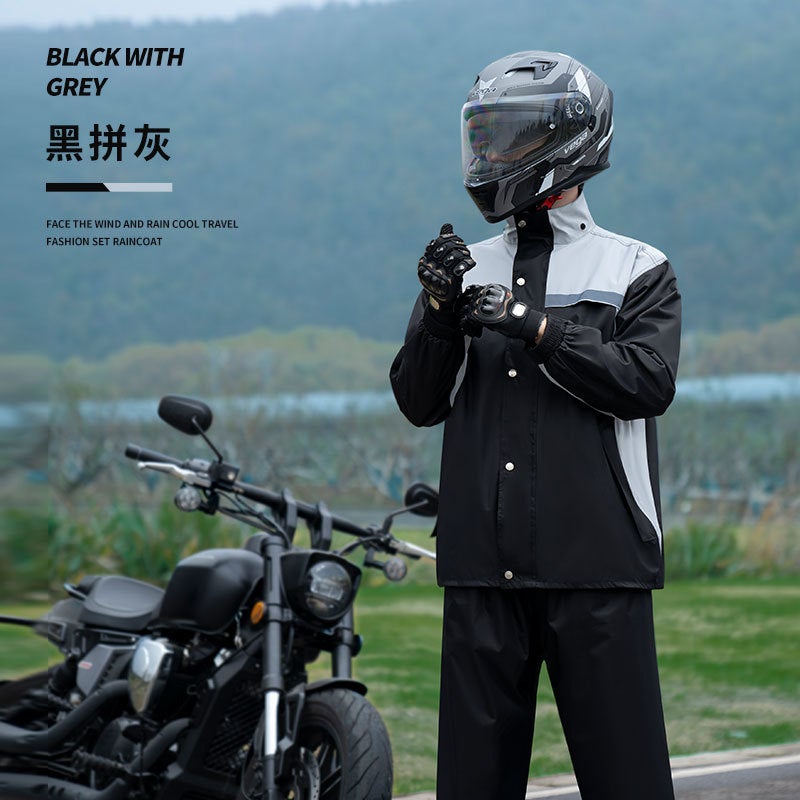 Lightweight Motorcycle Rain Gear Set Grey spell black flagship [top pants hat]] 